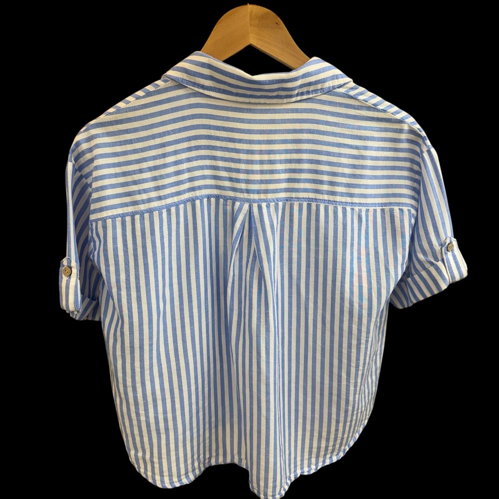 Jason Wu Womens Blue White Striped Linen Blend Button Up Shirt Short Sleeve Sz S - Picture 4 of 7